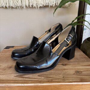 90s Vintage Nine West Jerry Square Toe Silver Buckle Block Block Heeled Loafer